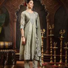 Stylum Women's Green Solid & Embroidered Silk Blend Flared Kurta Pant Dupatta Set (KPDGREENNITYA)