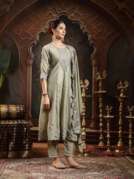Stylum Women's Green Solid & Embroidered Silk Blend Flared Kurta Pant Dupatta Set (KPDGREENNITYA)