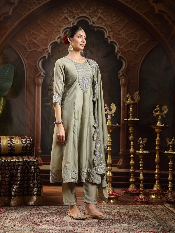 Stylum Women's Green Solid & Embroidered Silk Blend Flared Kurta Pant Dupatta Set (KPDGREENNITYA)