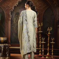 Stylum Women's Green Solid & Embroidered Silk Blend Flared Kurta Pant Dupatta Set (KPDGREENNITYA)