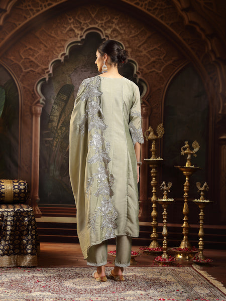 Stylum Women's Green Solid & Embroidered Silk Blend Flared Kurta Pant Dupatta Set (KPDGREENNITYA)