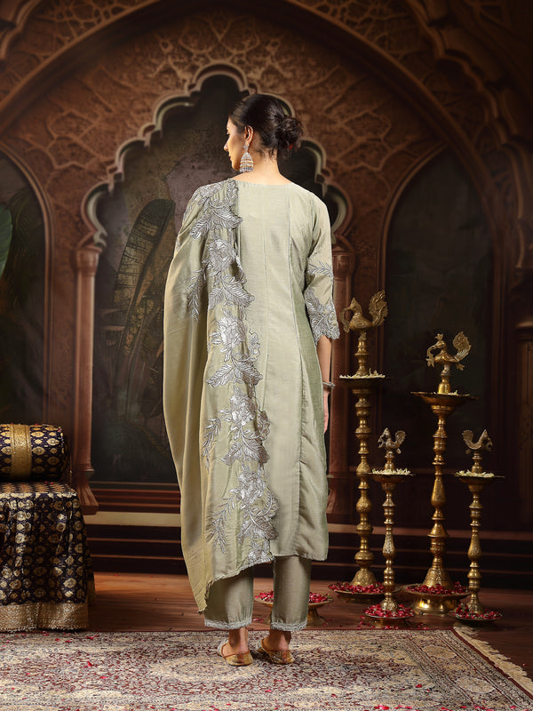 Stylum Women's Green Solid & Embroidered Silk Blend Flared Kurta Pant Dupatta Set (KPDGREENNITYA)