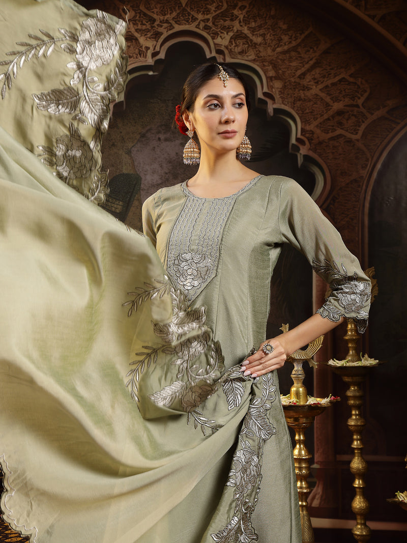 Stylum Women's Green Solid & Embroidered Silk Blend Flared Kurta Pant Dupatta Set (KPDGREENNITYA)