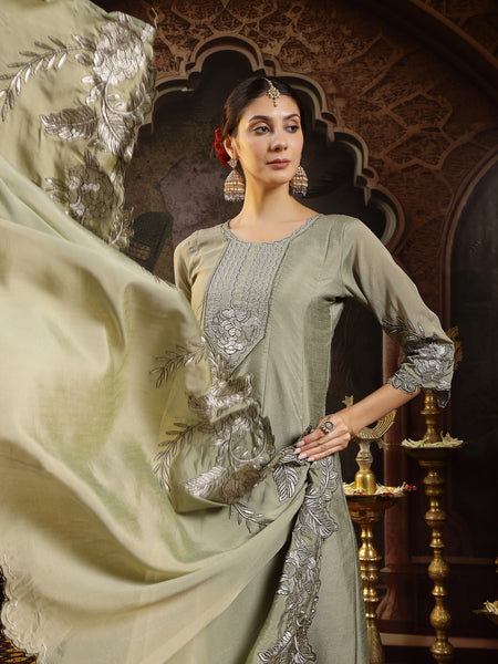 Stylum Women's Green Solid & Embroidered Silk Blend Flared Kurta Pant Dupatta Set (KPDGREENNITYA)