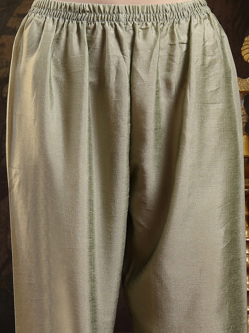 Stylum Women's Green Solid & Embroidered Silk Blend Flared Kurta Pant Dupatta Set (KPDGREENNITYA)