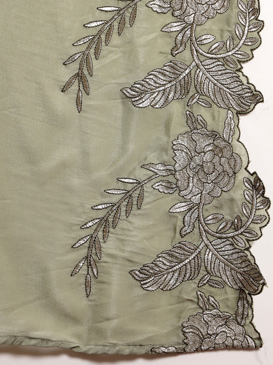 Stylum Women's Green Solid & Embroidered Silk Blend Flared Kurta Pant Dupatta Set (KPDGREENNITYA)
