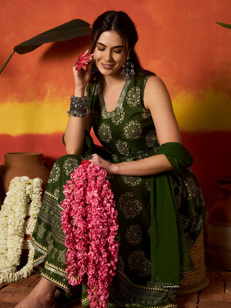 Stylum Women's Green Ethnic Motif Printed Rayon Anarkali Kurta Pant Dupatta Set (KPDGREENOSLO)
