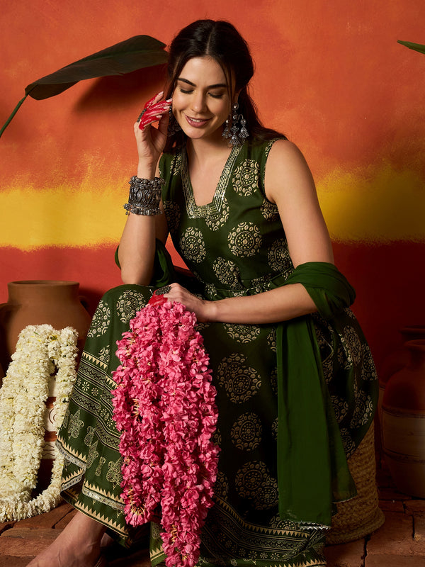 Stylum Women's Green Ethnic Motif Printed Rayon Anarkali Kurta Pant Dupatta Set (KPDGREENOSLO)