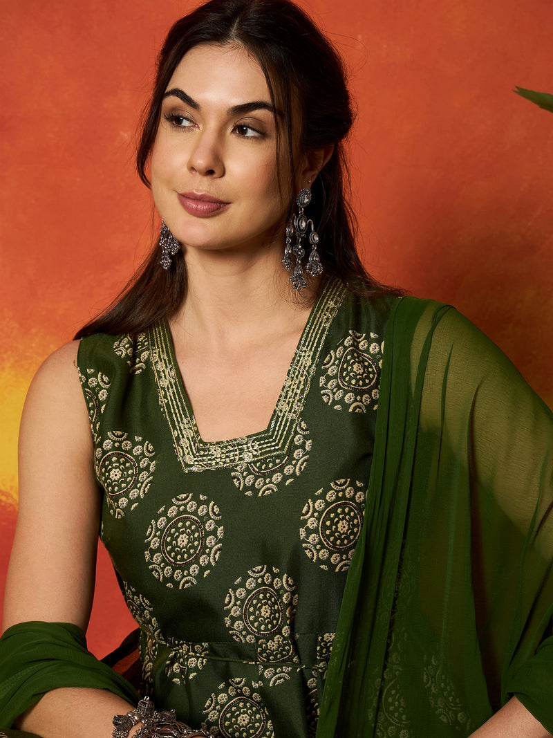 Stylum Women's Green Ethnic Motif Printed Rayon Anarkali Kurta Pant Dupatta Set (KPDGREENOSLO)
