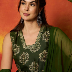 Stylum Women's Green Ethnic Motif Printed Rayon Anarkali Kurta Pant Dupatta Set (KPDGREENOSLO)