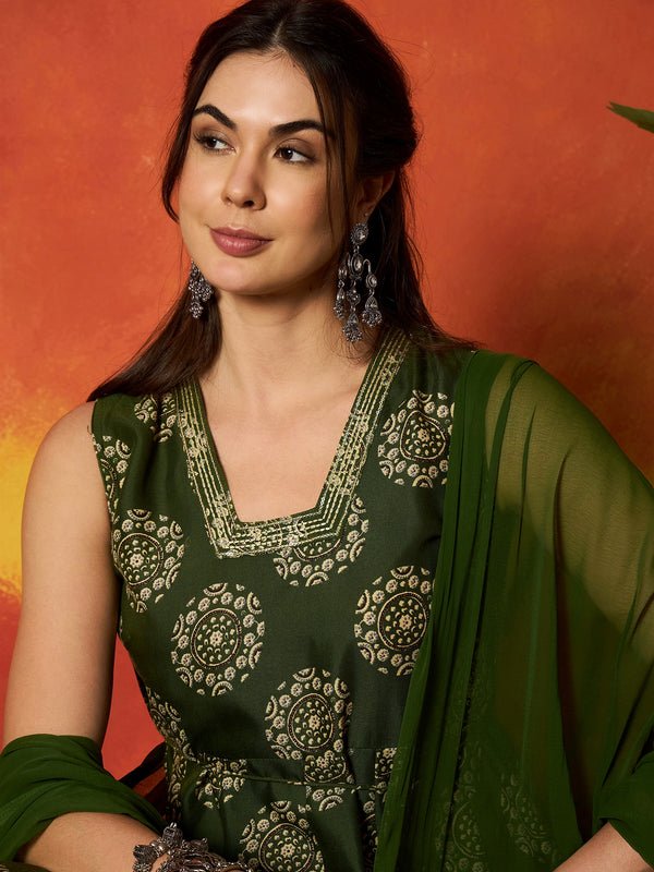 Stylum Women's Green Ethnic Motif Printed Rayon Anarkali Kurta Pant Dupatta Set (KPDGREENOSLO)