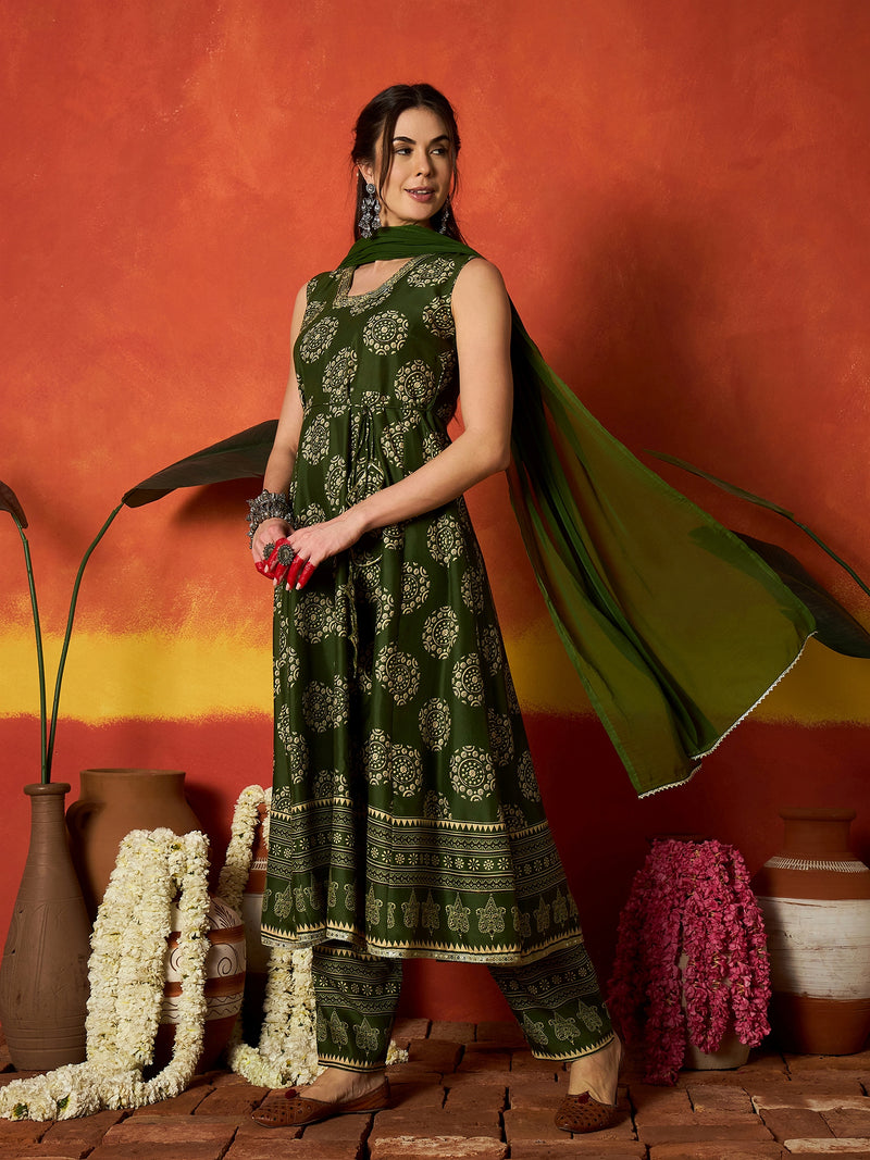 Stylum Women's Green Ethnic Motif Printed Rayon Anarkali Kurta Pant Dupatta Set (KPDGREENOSLO)