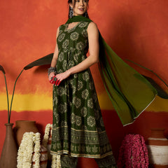 Stylum Women's Green Ethnic Motif Printed Rayon Anarkali Kurta Pant Dupatta Set (KPDGREENOSLO)