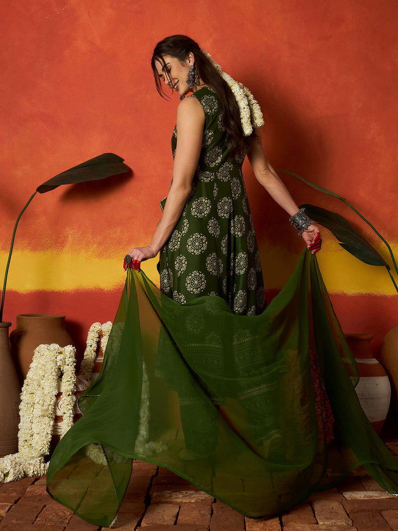 Stylum Women's Green Ethnic Motif Printed Rayon Anarkali Kurta Pant Dupatta Set (KPDGREENOSLO)