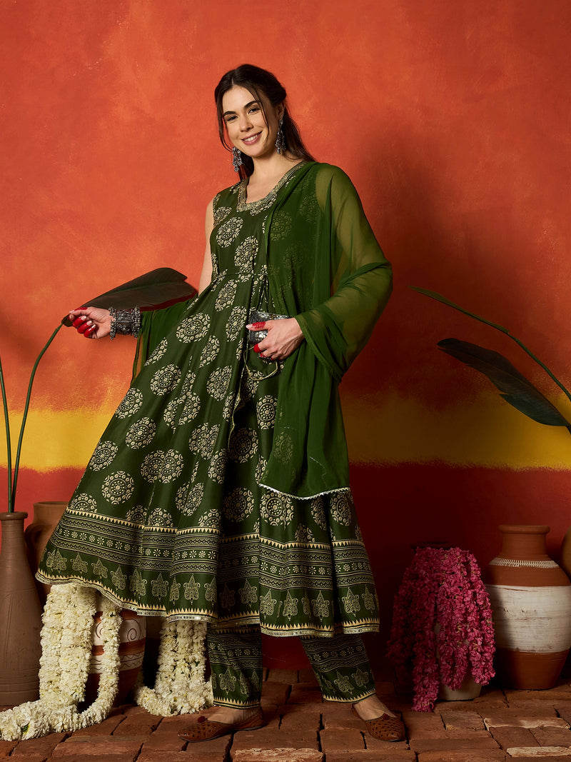 Stylum Women's Green Ethnic Motif Printed Rayon Anarkali Kurta Pant Dupatta Set (KPDGREENOSLO)