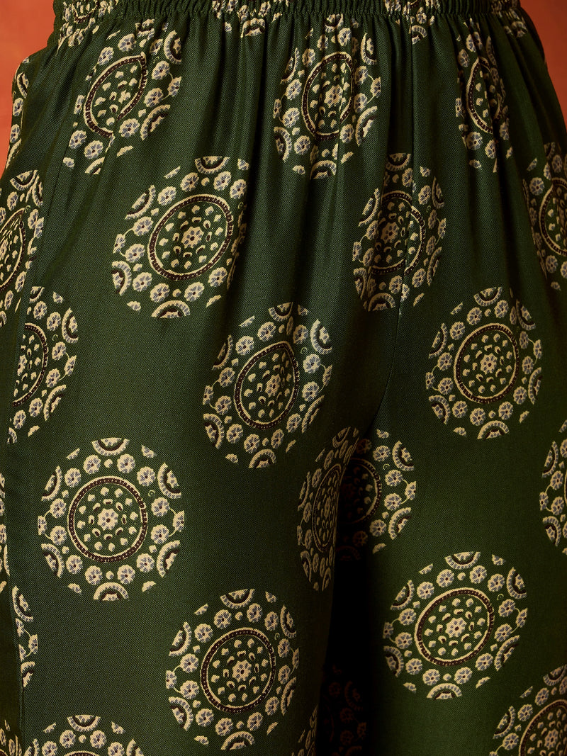 Stylum Women's Green Ethnic Motif Printed Rayon Anarkali Kurta Pant Dupatta Set (KPDGREENOSLO)