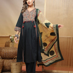 Stylum Women's Green Solid Cotton Straight Kurta Pant Dupatta Set (KPDGREENPANNA)