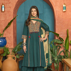 Stylum Women's Green Solid Cotton Straight Kurta Pant Dupatta Set (KPDGREENPANNA)
