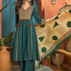 Stylum Women's Green Solid Cotton Straight Kurta Pant Dupatta Set (KPDGREENPANNA)