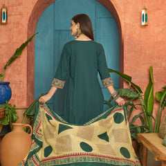 Stylum Women's Green Solid Cotton Straight Kurta Pant Dupatta Set (KPDGREENPANNA)