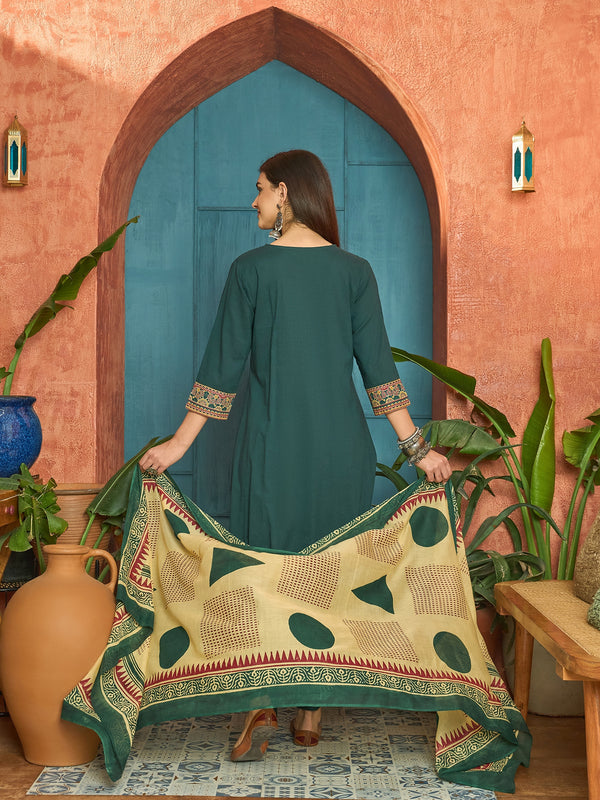 Stylum Women's Green Solid Cotton Straight Kurta Pant Dupatta Set (KPDGREENPANNA)