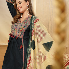 Stylum Women's Green Solid Cotton Straight Kurta Pant Dupatta Set (KPDGREENPANNA)