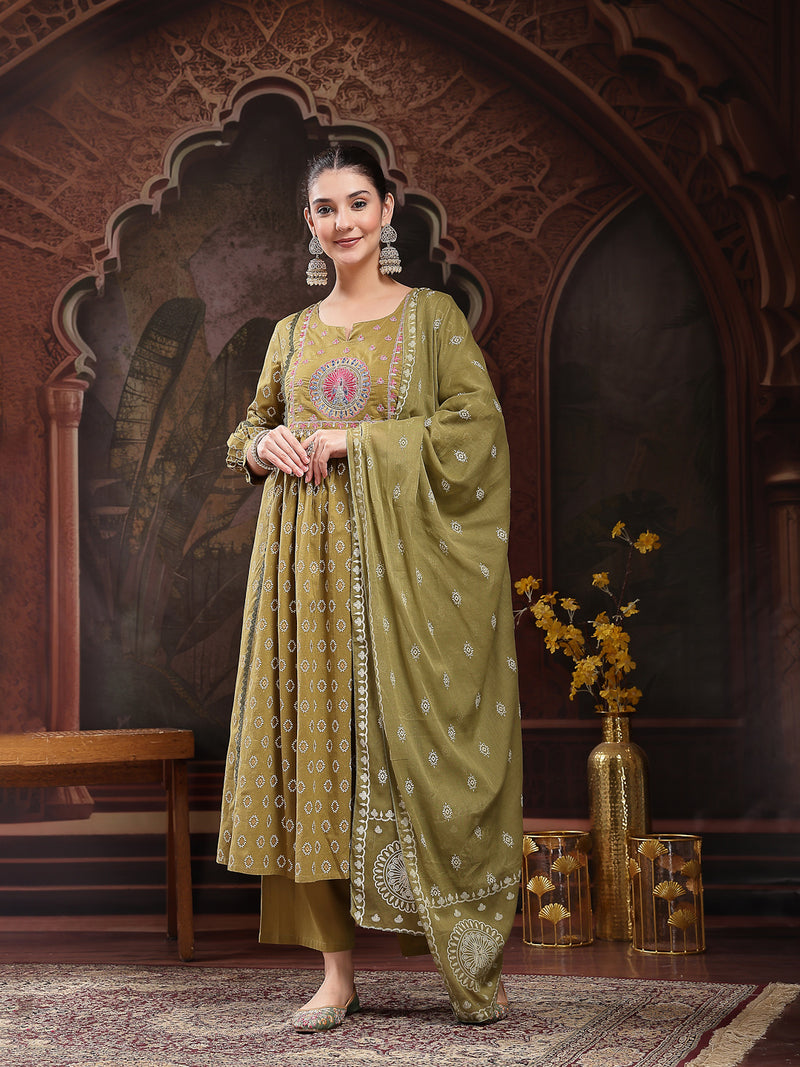 Stylum Women's Green Ethnic Printed & Embroidered Cotton Flared Kurta Palazzo Dupatta Set (KPDGREENPANNU)