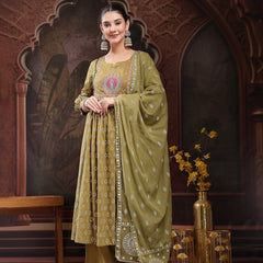 Stylum Women's Green Ethnic Printed & Embroidered Cotton Flared Kurta Palazzo Dupatta Set (KPDGREENPANNU)