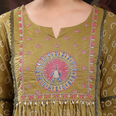 Stylum Women's Green Ethnic Printed & Embroidered Cotton Flared Kurta Palazzo Dupatta Set (KPDGREENPANNU)