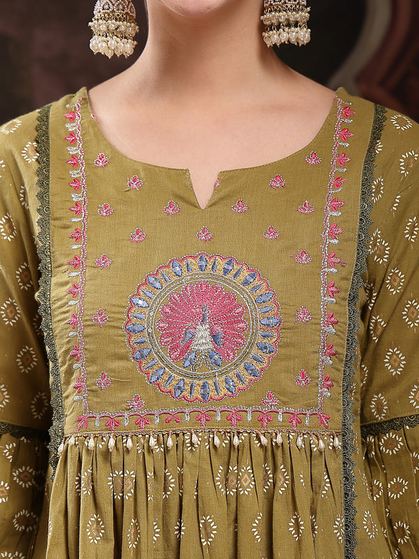 Stylum Women's Green Ethnic Printed & Embroidered Cotton Flared Kurta Palazzo Dupatta Set (KPDGREENPANNU)