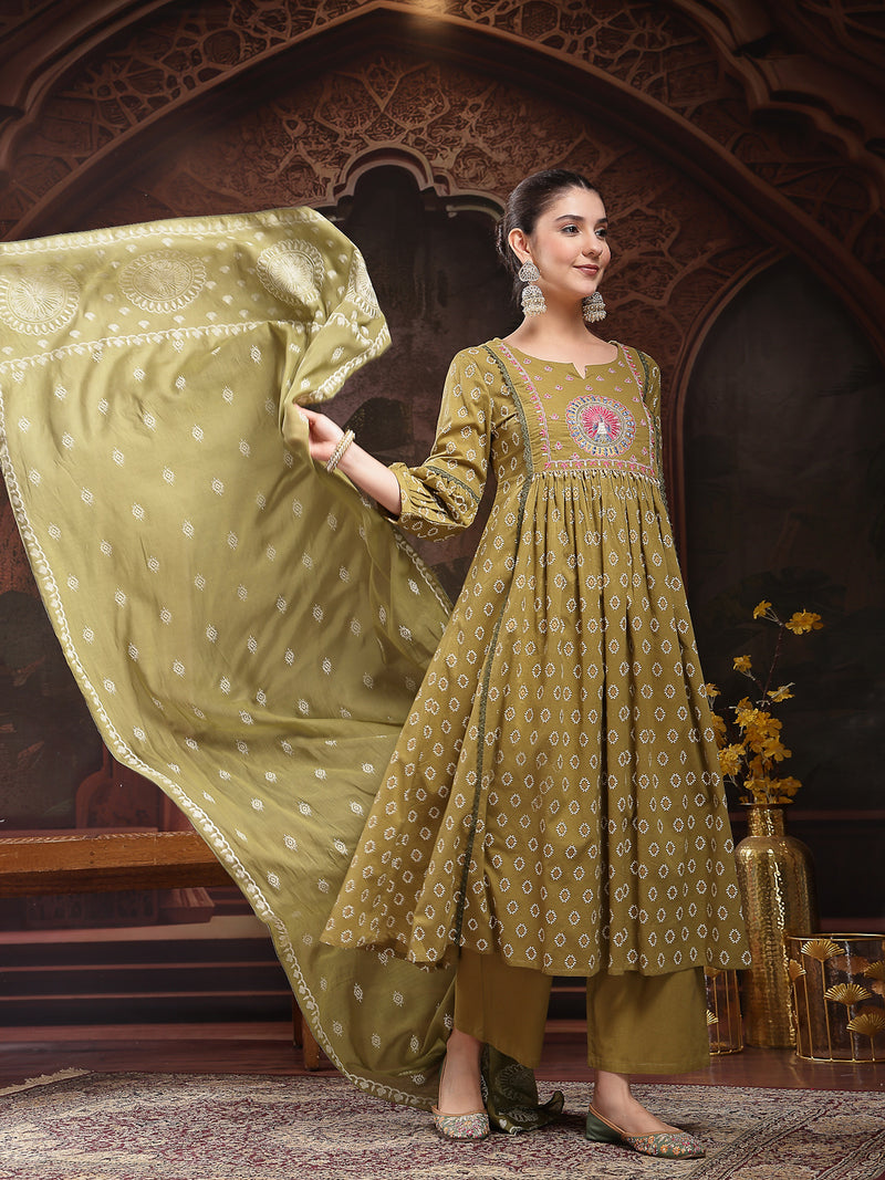 Stylum Women's Green Ethnic Printed & Embroidered Cotton Flared Kurta Palazzo Dupatta Set (KPDGREENPANNU)