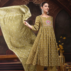 Stylum Women's Green Ethnic Printed & Embroidered Cotton Flared Kurta Palazzo Dupatta Set (KPDGREENPANNU)