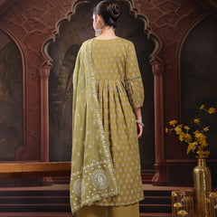 Stylum Women's Green Ethnic Printed & Embroidered Cotton Flared Kurta Palazzo Dupatta Set (KPDGREENPANNU)