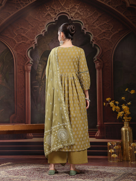 Stylum Women's Green Ethnic Printed & Embroidered Cotton Flared Kurta Palazzo Dupatta Set (KPDGREENPANNU)