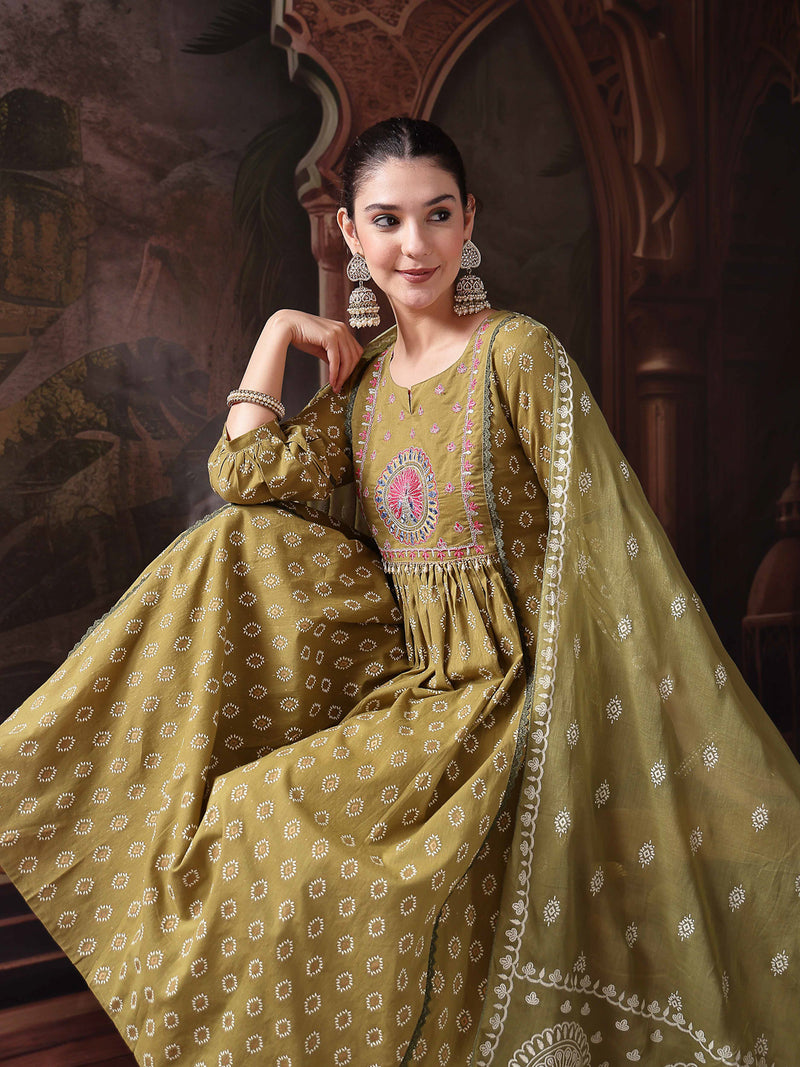 Stylum Women's Green Ethnic Printed & Embroidered Cotton Flared Kurta Palazzo Dupatta Set (KPDGREENPANNU)