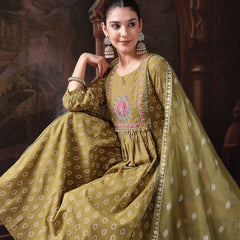 Stylum Women's Green Ethnic Printed & Embroidered Cotton Flared Kurta Palazzo Dupatta Set (KPDGREENPANNU)