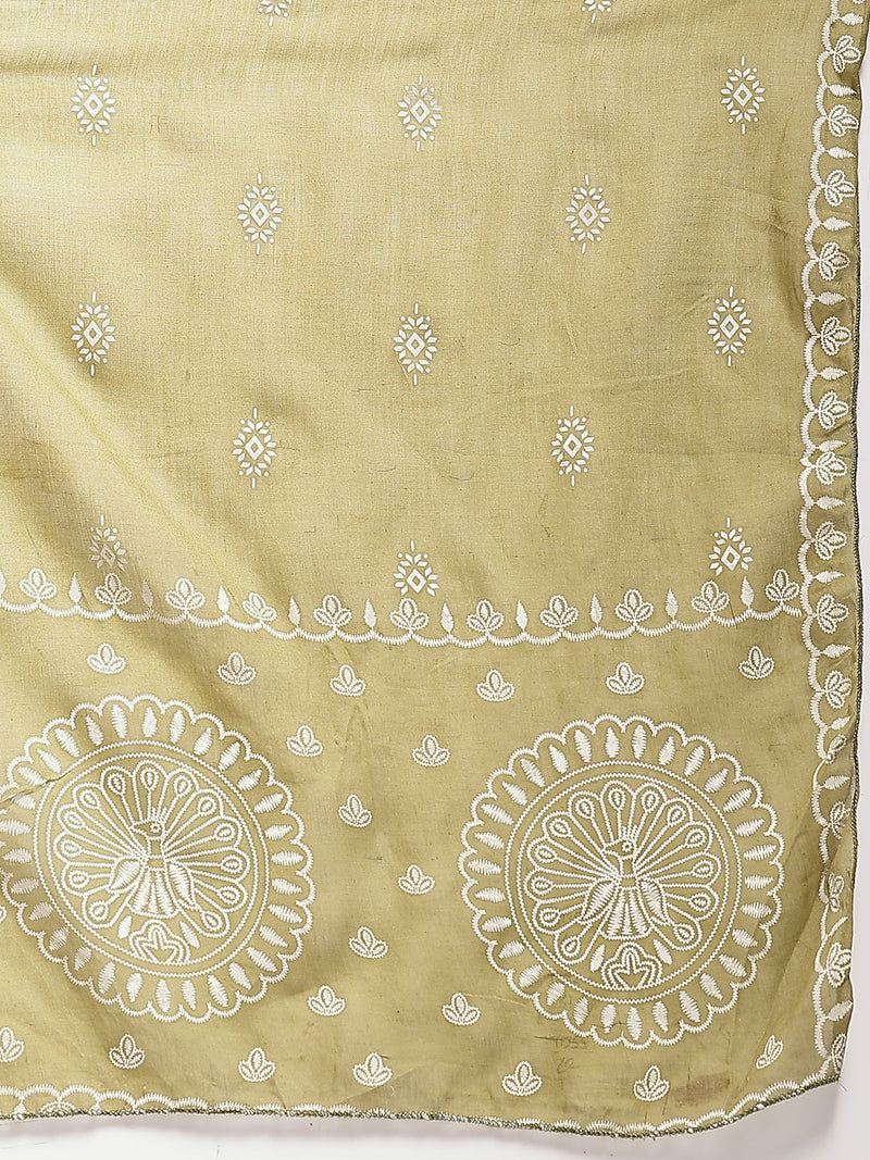 Stylum Women's Green Ethnic Printed & Embroidered Cotton Flared Kurta Palazzo Dupatta Set (KPDGREENPANNU)