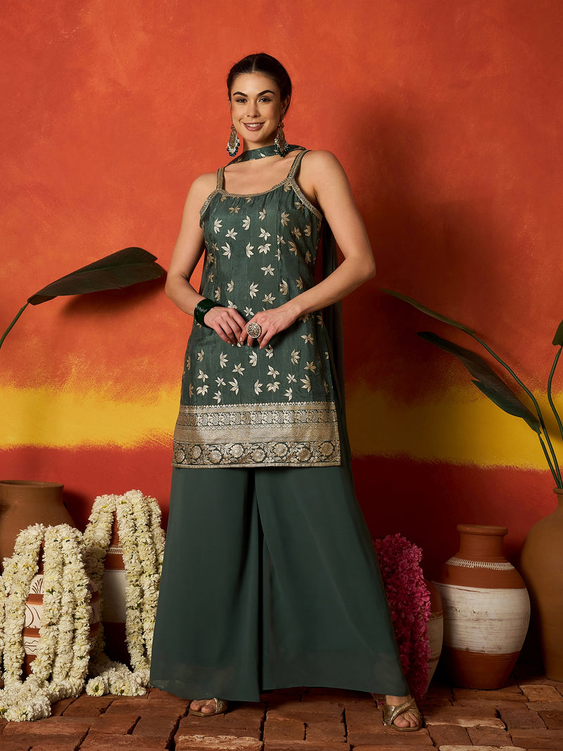 Stylum Women's Green Floral Printed & Embroidered Brocade Straight Kurti Palazzo Dupatta Set (KPDGREENPINNI)