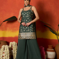 Stylum Women's Green Floral Printed & Embroidered Brocade Straight Kurti Palazzo Dupatta Set (KPDGREENPINNI)