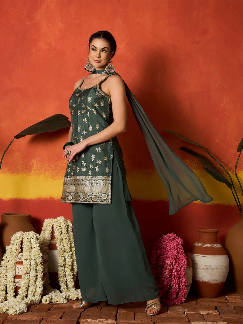 Stylum Women's Green Floral Printed & Embroidered Brocade Straight Kurti Palazzo Dupatta Set (KPDGREENPINNI)