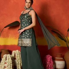 Stylum Women's Green Floral Printed & Embroidered Brocade Straight Kurti Palazzo Dupatta Set (KPDGREENPINNI)