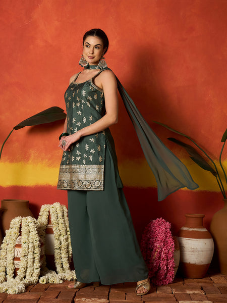 Stylum Women's Green Floral Printed & Embroidered Brocade Straight Kurti Palazzo Dupatta Set (KPDGREENPINNI)