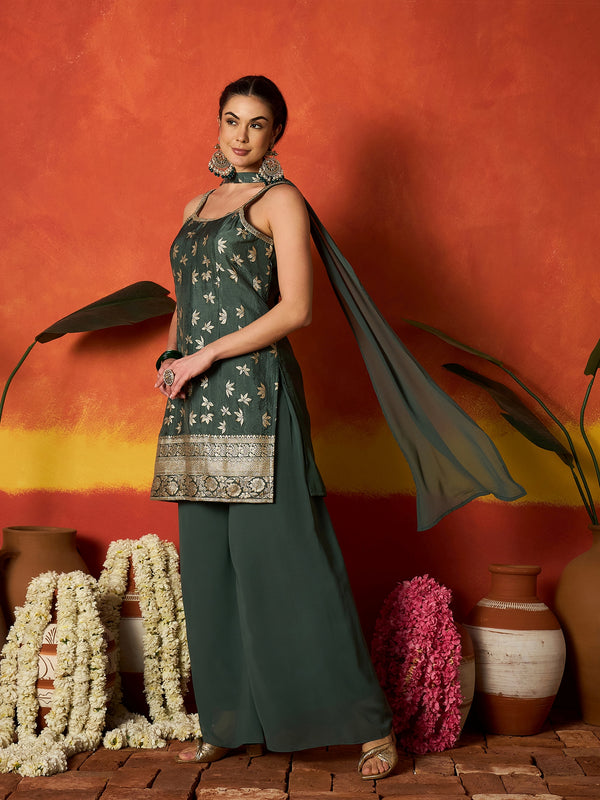 Stylum Women's Green Floral Printed & Embroidered Brocade Straight Kurti Palazzo Dupatta Set (KPDGREENPINNI)