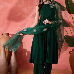 Stylum Women's Green Solid & Embellished Rayon Flared Kurta Palazzo Dupatta Set (KPDGREENPURVI)