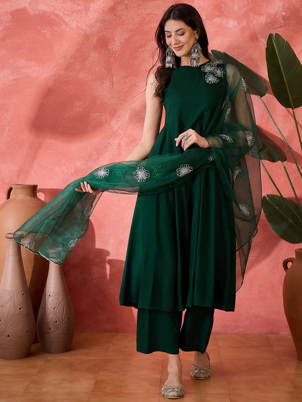 Stylum Women's Green Solid & Embellished Rayon Flared Kurta Palazzo Dupatta Set (KPDGREENPURVI)
