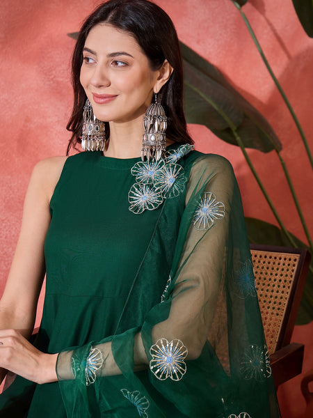 Stylum Women's Green Solid & Embellished Rayon Flared Kurta Palazzo Dupatta Set (KPDGREENPURVI)