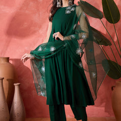 Stylum Women's Green Solid & Embellished Rayon Flared Kurta Palazzo Dupatta Set (KPDGREENPURVI)