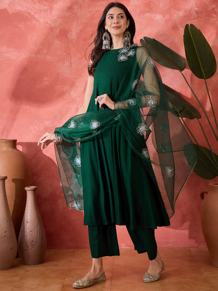Stylum Women's Green Solid & Embellished Rayon Flared Kurta Palazzo Dupatta Set (KPDGREENPURVI)