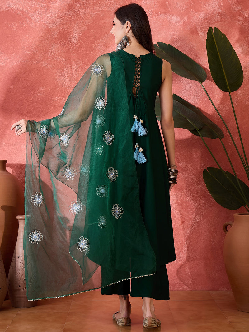 Stylum Women's Green Solid & Embellished Rayon Flared Kurta Palazzo Dupatta Set (KPDGREENPURVI)
