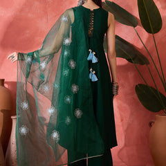 Stylum Women's Green Solid & Embellished Rayon Flared Kurta Palazzo Dupatta Set (KPDGREENPURVI)